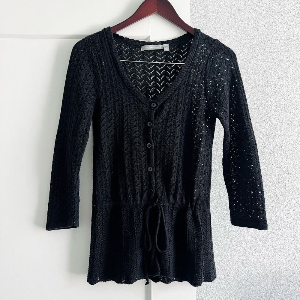 NY Collection crochet black button up cardigan sweater, size small